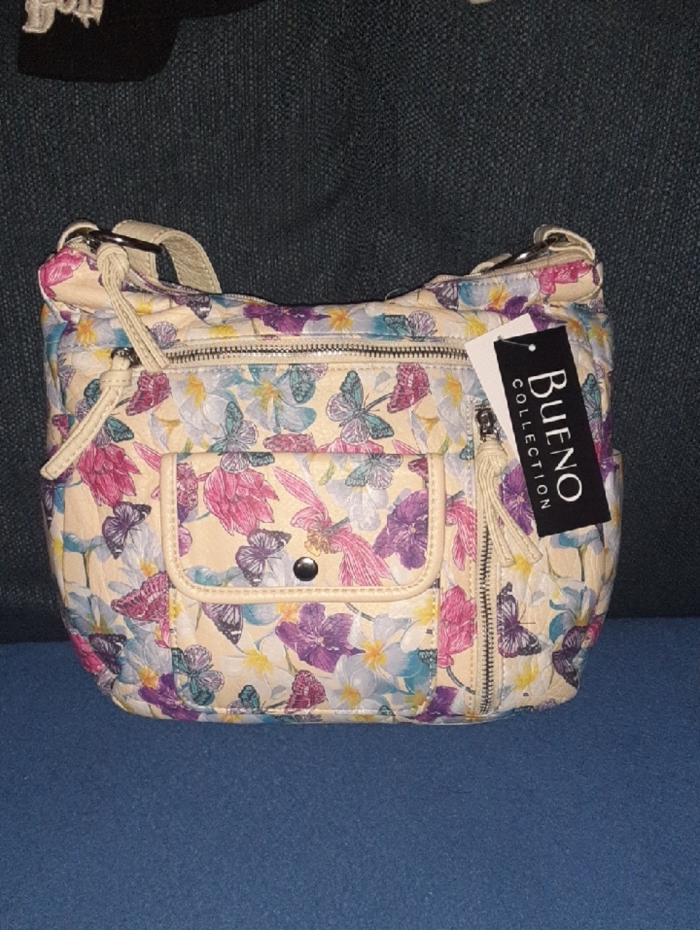 Bueno Cream Crossbody Bag with Pink Purple and Blue Butterfly Print